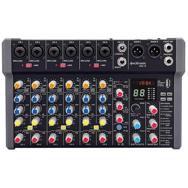 <p>Compact format audio mixer with 6 mono input channels, a stereo line input and a further minijack stereo input. </p><p>Each mono mic/line channel has a combo XLR/jack input with +48V phantom power switchable in pairs for the XLR inputs. </p><p>Each mic/line channel has a Gain control for matching the input source and a low-cut switch to filter out rumble or handling noise from microphones. </p><p>Each mono channel also has High/Low EQ controls and an FX level control. </p><p>Pairs of mono channels can be linked to act as a stereo left + right pair as required. The onboard foot-switchable DSP effects engine has 99 presets for delay, reverb and modulation effects, each of which can be adjusted using two parameter controls. </p><p>An onboard Bluetooth receiver has an illuminated pairing button and independent volume control. The USB type-A port on the top panel is for playback of audio files or can be used to record the main outputs to a USB storage device or as an external audio device when connected to a laptop.</p><p>Output is delivered to a pair of balanced XLR connectors to provide low noise operation for high quality studio or live performances.<br /><br />&nbsp; &nbsp;</p>