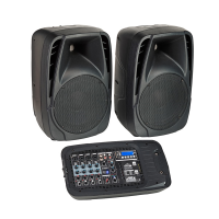 Portable PA system comprising two passive speakers with 10 '' woofers and an integrated amplified mixer which slots into the back of one speaker for easy transportation. <br />Features include: <br />MP3 player with USB, SD card and Bluetooth connectivity<br />24Bit DSP FX with 16 effects. <br />4 Mic/Line inputs on combi sockets. <br />2-band EQ per channel.<br /><br />