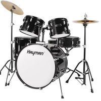 Excellent 5-piece beginner drum kit including cymbals, stands, stool, kick pedal, and sticks.