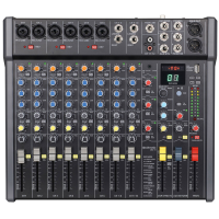 <p>6 mono input channels, 2 stereo line inputs, stereo Aux input and a further minijack stereo input. </p><p>Each mono mic/line channel has a combo XLR/jack input with +48V phantom power switchable in pairs for the XLR inputs. </p><p>Each mic/line channel has a Gain control for matching the input source and a low-cut switch to filter out rumble or handling noise from microphones. </p><p>Each mono channel also has High/Mid/Low EQ controls, Aux out level, FX level, Pan control and a 60mm channel fader. </p><p>The onboard foot-switchable DSP effects engine has 99 presets for delay, reverb and modulation effects, each of which can be adjusted using two parameter controls. </p><br /><p></p><p></p>